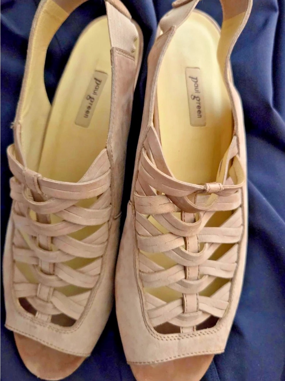 Paul Green peep toe sandal heels woven leather slingback Sz 9.5